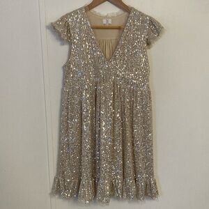 Elegant Sequin Mini Babydoll Dress in Champagne Gold Size M V Neck